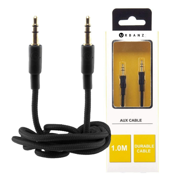 Urbanz 1m AUX Audio Cable with Gold Plated Connectors and Braided Cord - Black - INC-35P/P-1-BK