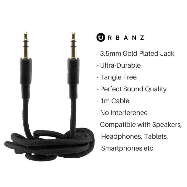 Urbanz 1m AUX Audio Cable with Gold Plated Connectors and Braided Cord - Black - INC-35P/P-1-BK