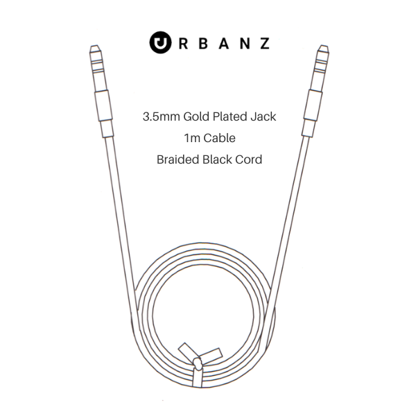 Urbanz 1m AUX Audio Cable with Gold Plated Connectors and Braided Cord - Black - INC-35P/P-1-BK