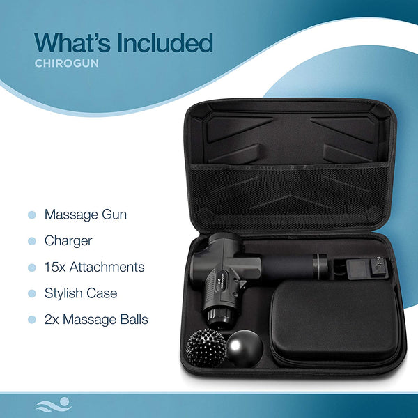 CHIROGUN Percussion Massage Gun | 30 Speed Settings, 15 Massage Heads, 6 Hour Battery Life, Carry Case - Black