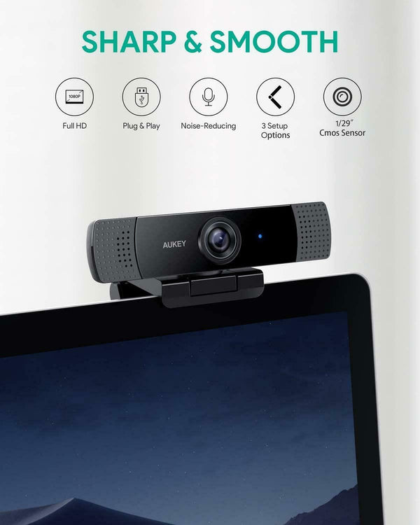 Aukey Full HD 1080p Webcam (USB) for Video Chat with Stereo Microphone - Black - PC-LM1E